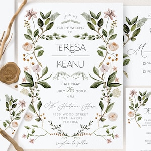 May include: Wedding invitation suite featuring floral and botanical designs. The invitation includes the names "TERESA" and "KEANU", date, time, and venue details. Additional cards include RSVP, reception, and details cards.