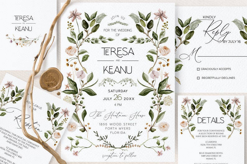 May include: Wedding invitation suite featuring floral and botanical designs. The invitation includes the names "TERESA" and "KEANU", date, time, and venue details. Additional cards include RSVP, reception, and details cards.