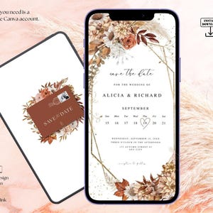 May include: A digital wedding invitation design displayed on a smartphone and tablet. The invitation features floral accents in shades of brown, beige, and rust. Text includes "save the date" and wedding details. The design is fully responsive.