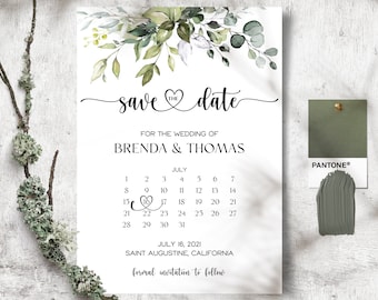 Calendar Save The Date Template, Save the Date Invitation Template, Greenery, Wedding announcement, Instant Save The Date, Evite, Heart Font