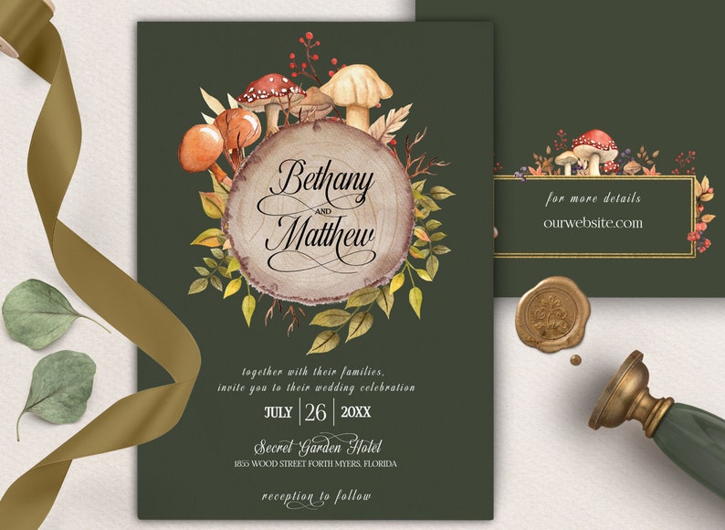 Woodland Wedding Invitation , Mountain, Fairytale Mushroom Wedding Invitation, Fall Autumn Invitation, Autumn Leaves, Forest Invitation, cottagecore wedding invitation