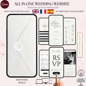 Op de afbeelding: Een digitale mock-up van een trouwwebsite op meerdere smartphones. Het minimalistische ontwerp toont pagina's voor RSVP, programma en FAQ. De tekst "ALL IN ONE WEDDING WEBSITE" staat bovenaan. Het ontwerp is in zwart en wit.