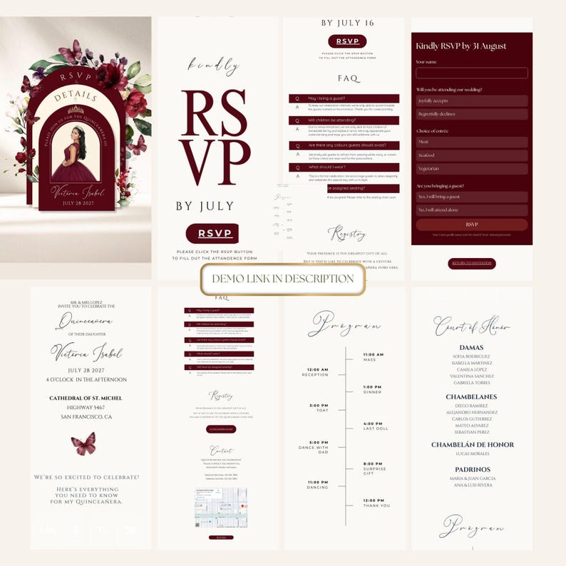 Burgundy Arch Quinceañera Website Template, Mis Quince Años Digital Invitation, Trackable RSVP, Elegant, Butterflies, Floral, Debut, Bundle
