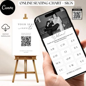 Puede incluir: Un plano de asientos y un letrero de boda. El letrero en un caballete de madera dice "Tu asiento te espera" con un código QR y nombres. Un teléfono inteligente muestra un plano de asientos digital con nombres de invitados.