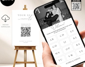 Wedding Seating Chart Website Canva Template, QR Code Sign Template, Alphabetical Guest Seating Website