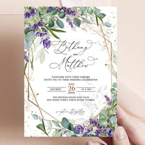 Lavender Eucalyptus Wedding Invitation Template, Purple Wedding, Lilac Invitation, Faux Gold Invite, Eucalyptus, Botanical Invites, Greenery