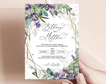 Lavender Eucalyptus Wedding Invitation Template, Purple Wedding, Lilac Invitation, Faux Gold Invite, Eucalyptus, Botanical Invites, Greenery