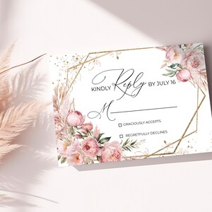 Rosa Pfingstrosen, die Antwortkarte Wedding sind, Boho Hochzeit Antwortkarte, Rosa Hochzeitseinladung, Antwortkarte