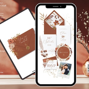 May include: A digital invitation suite displayed on a smartphone and tablet. The design features a rust-colored envelope and cards with floral accents. Text includes "You are invited," "Clara & Lucy," and "RSVP."