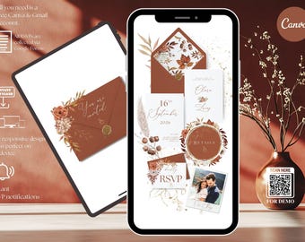 May include: A digital invitation suite displayed on a smartphone and tablet. The design features a rust-colored envelope and cards with floral accents. Text includes "You are invited," "Clara & Lucy," and "RSVP."