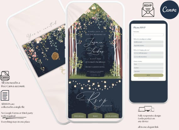 Enchanted Forest Wedding Invitation Website, Clickable RSVP, Mountain Wedding, Woodland Wedding, Pine Forest, Starry Night Wedding
