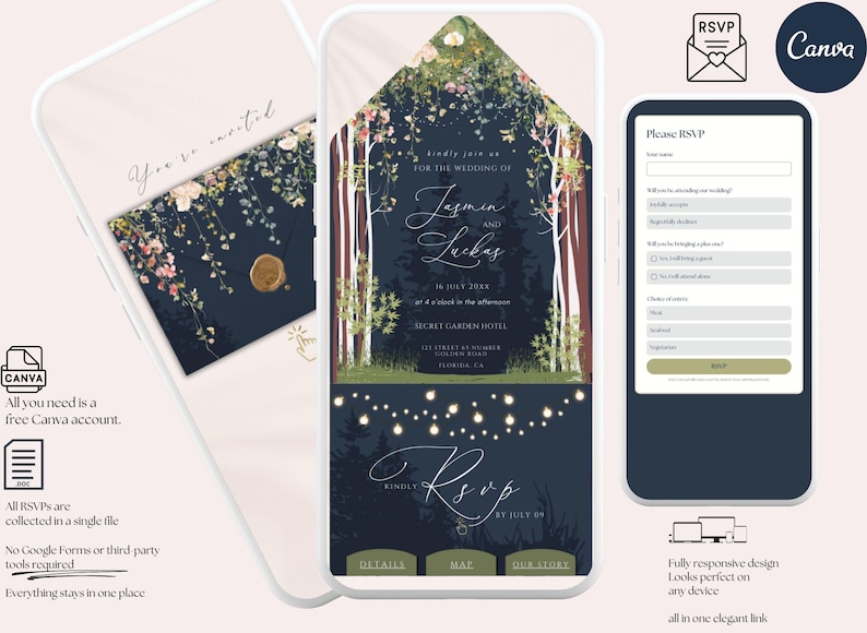 Enchanted Forest Wedding Invitation Website, Clickable RSVP, Mountain Wedding, Woodland Wedding, Pine Forest, Starry Night Wedding