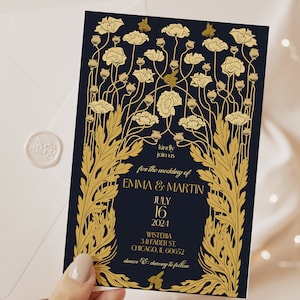 Convite de casamento Art Nouveau, floral marinho, casamento barroco, casamento vintage, casamento dourado, marinho e dourado, casamento art nouveau, mucha