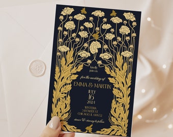 Art Nouveau Wedding Invitation, Navy Floral, Baroque Wedding, Vintage Wedding, gold wedding, navy and gold, art nouveau wedding, mucha