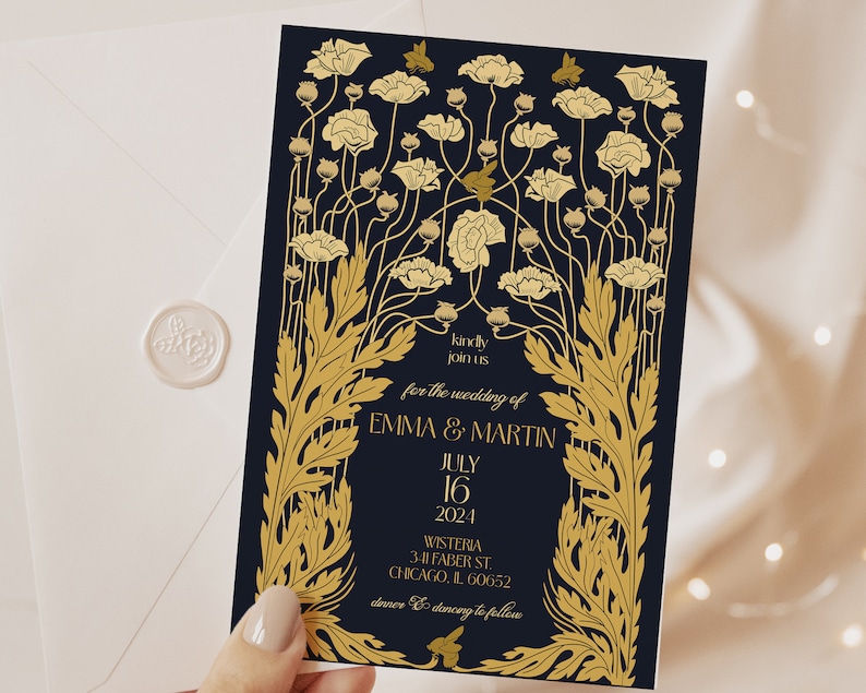 Art Nouveau Wedding Invitation, Navy Floral, Baroque Wedding, Vintage Wedding, gold wedding, navy and gold, art nouveau wedding, mucha image 1