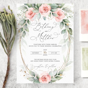 Greenery Gold  Pink Wedding Invitation Template, Wedding Invite Template, Floral Wedding, Invitation Download, Pink Roses, Blush Pink