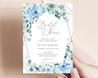 Dusty Blue Roses Bridal Shower Invitation Template,  Bridal Shower Invite, Elegant Blue Floral, Silver Geometric, Instant Download