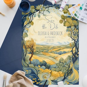 Modelo para salvar a data inspirado em Van Gogh, casamento na noite estrelada, campo de trigo Van Gogh, convite de casamento do pintor, noite estrelada para salvar a data