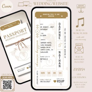 Passport Wedding Invitation Website Template, Online RSVP, Boarding Pass Card, Music, Destination, Luxury, Countdown Timer, Travel Theme