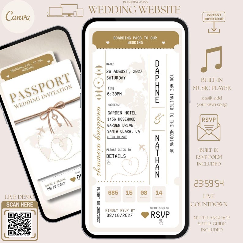 Passport Wedding Invitation Website Template, Online RSVP, Boarding Pass Card, Music, Destination, Luxury, Countdown Timer, Travel Theme