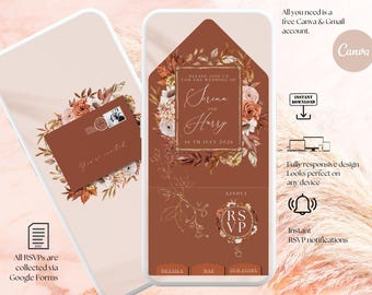May include: Digital wedding invitation design displayed on two smartphones. The design features a brown envelope with floral accents and the names "Serena and Harry." Additional text includes RSVP details and a Canva logo.