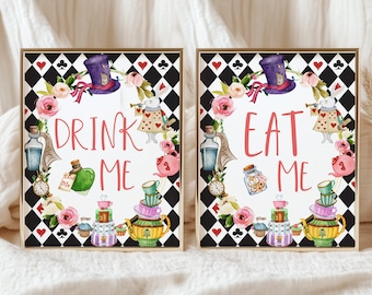 Alice im Wunderland Party Drink Me Eat Me Tischschild, Alice im Wunderland Party Zeichen, Mad Tea Party, Printable Alice, Tischdekoration