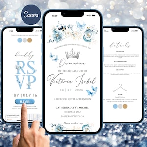 Modello di sito web per Quinceanera blu con RSVP tracciabile, sito web per Quinceanera con Canva, invito video per Quinceanera, invito a corona, farfalla blu