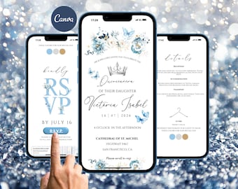 Puede incluir: Tres teléfonos inteligentes que muestran una invitación de Quinceañera, una invitación RSVP y detalles. La invitación presenta diseños florales y de mariposas en azul y blanco. La pantalla RSVP tiene un botón para RSVP antes del 16 de julio. La pantalla de detalles incluye información.