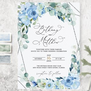 Convite de casamento Greenery Dusty Blue Roses, modelo de convite de casamento, convite Boho, geométrico prateado, convite para download instantâneo