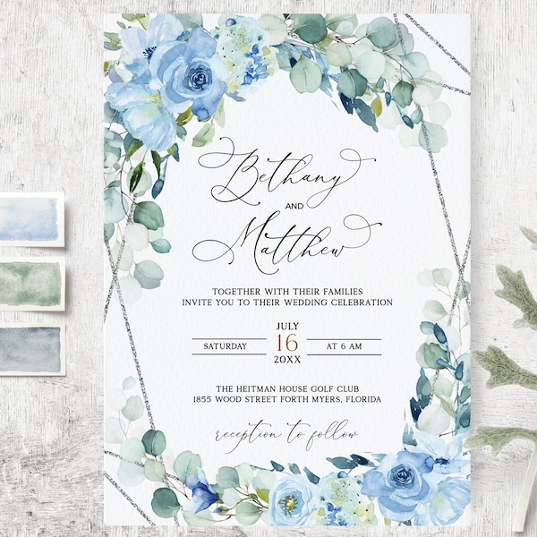 Greenery Dusty Blue Roses wedding invitation, wedding invitation Template, Boho Invitation, Silver Geometric, Instant Download Invitation