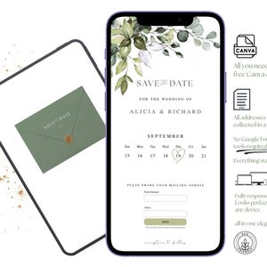 May include: A digital wedding invitation on a smartphone screen, featuring the text "Save the Date" and details for Alicia & Richard's wedding in September. Includes a matching envelope and Canva logo.