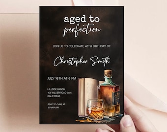 Âgé à la perfection, invitation à une fête d'anniversaire adulte whisky pour homme, invitation d'anniversaire whisky, 40e anniversaire, fête d'anniversaire pour homme