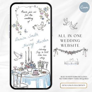 May include: A digital wedding invitation template displayed on a smartphone screen featuring hand-drawn illustrations of doves, floral vines, and a table setting with candles, cake, and wine. The text includes names Denise Smith and Harry Austen.