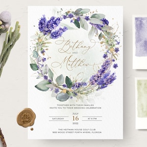 Greenery Lavender Wedding Invitation Template, Boho Wedding Invite, Purple Wedding Invitation, Lilac Invitation, Faux Gold Invite