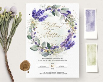 Greenery Lavender Wedding Invitation Template, Boho Wedding Invite, Purple Wedding Invitation, Lilac Invitation, Faux Gold Invite