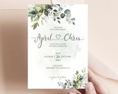 Greenery Wedding Invitation, Greenery Eucalyptus, Simple Invitation, Printable Invitation, Watercolor Floral Wedding Invite, Heart font