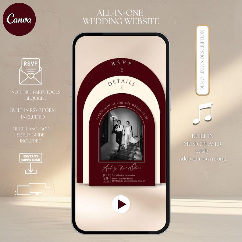 Burgundy Wedding Website Template, Trackable RSVP, Canva (Digital Download), Arch Invites, Old Money Website, Add Music, Burgundy and Cream