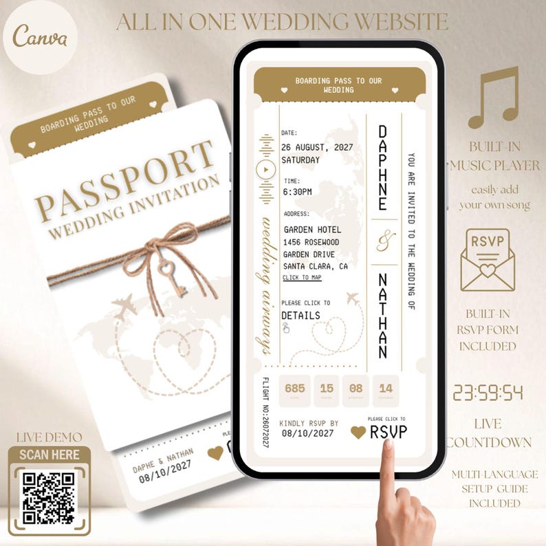 Passport Wedding Invitation Website Template, Online RSVP, Boarding Pass Card, Music, Destination, Luxury, Countdown Timer, Travel Theme