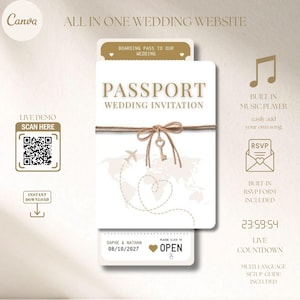 Passport Wedding Invitation Website Template, Online RSVP, Boarding Pass Card, Music, Destination, Luxury, Countdown Timer, Travel Theme