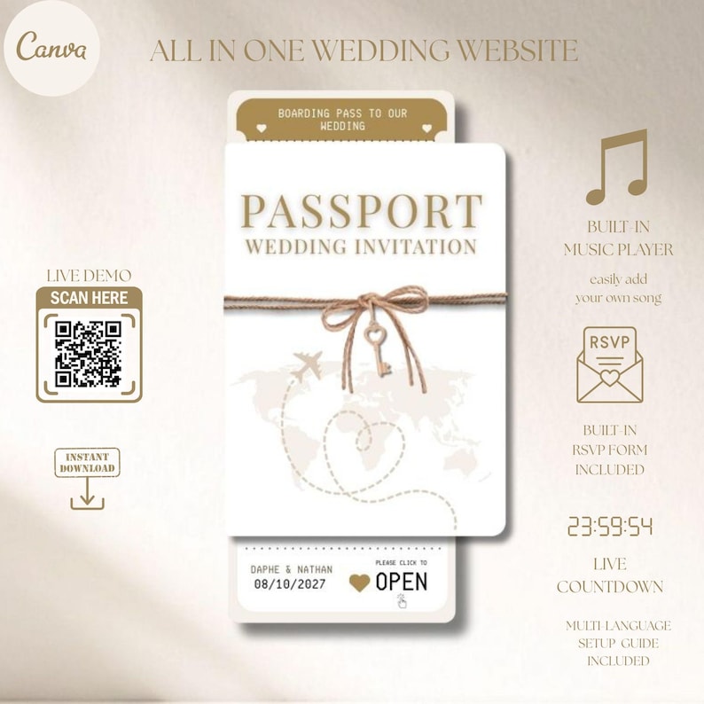 Passport Wedding Invitation Website Template, Online RSVP, Boarding Pass Card, Music, Destination, Luxury, Countdown Timer, Travel Theme