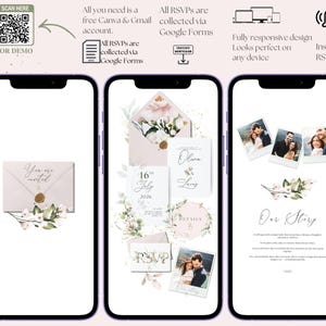 May include: Three smartphone screens displaying wedding invitation designs. The first shows an invitation envelope with floral accents. The second features invitation cards with the date July 16, 2026. The third screen shows photos and text that reads "Our Story".