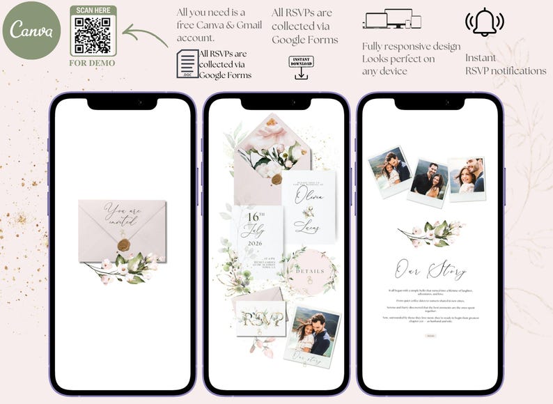 May include: Three smartphone screens displaying wedding invitation designs. The first shows an invitation envelope with floral accents. The second features invitation cards with the date July 16, 2026. The third screen shows photos and text that reads "Our Story".