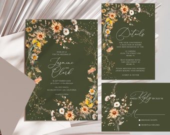 Green Wedding Invitation Suite Template, Fall Autumn Wildflowers Wedding Invitation, Green RSVP, Green Details Card, Wedding Suite Template