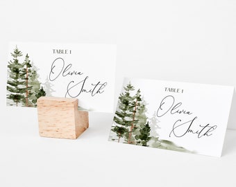 Place card Template, Table Name Card, Pine Forest Place Card, Seat Card Template