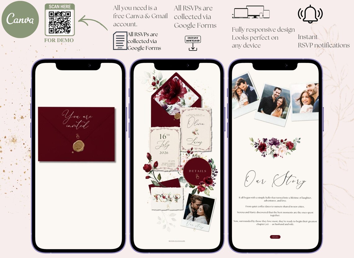 Burgundy Wedding Website Template Canva, Trackable RSVP Link, Clickable ...