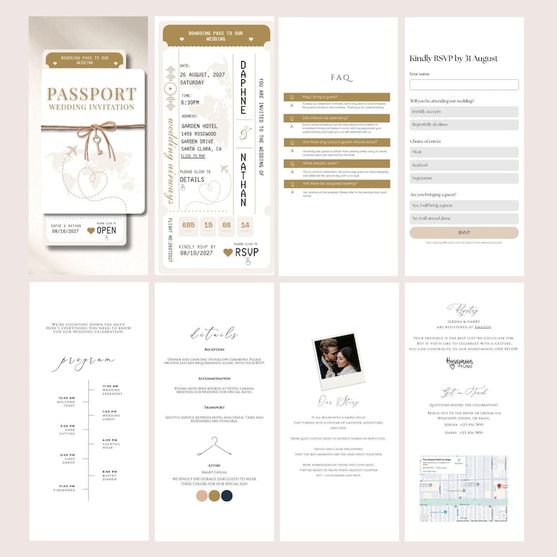 Passport Wedding Invitation Website Template, Online RSVP, Boarding Pass Card, Music, Destination, Luxury, Countdown Timer, Travel Theme