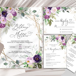 Suite de faire-part de mariage violet, fleurs violettes, invitation lilas, mariage violet, mariage violet, réponse de souhaits violet, carte de réception lilas, détails