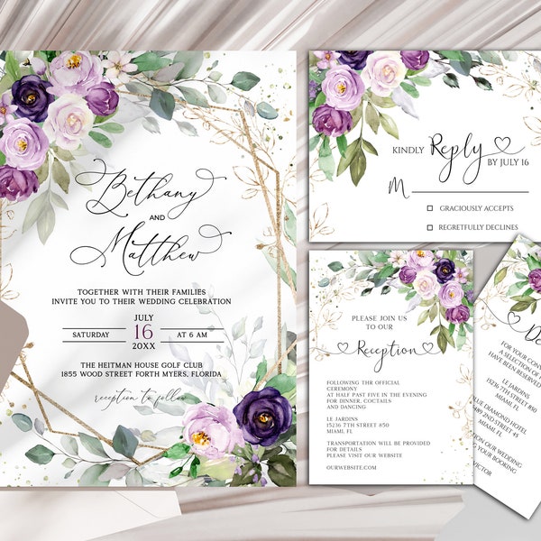 Purple Wedding Invitation Suite, Purple Flowers, Lilac Invite, Violet Wedding, Purple wedding, purple rsvp, lilac reception card, details