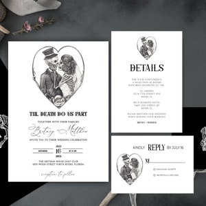 Til Death Do Us Part, Skull Wedding Invitation Set, Gothic, Skeleton, Skull Bride Groom, Spooky, Halloween, moody, black, Witchy, Suite