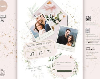 Blush Pink Greenery Save the Date Website Template, Built-in Adress Collect Form Canva, Digital Save the Date, Polaroid, Ticket, Calendar